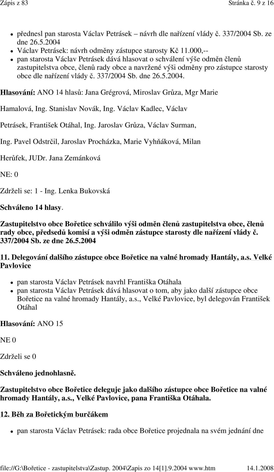 dne 26.5.2004. Hlasování: ANO 14 hlasů: Jana Grégrová, Miroslav Grůza, Mgr Marie Hamalová, Ing. Stanislav Novák, Ing. Václav Kadlec, Václav Petrásek, František Otáhal, Ing.