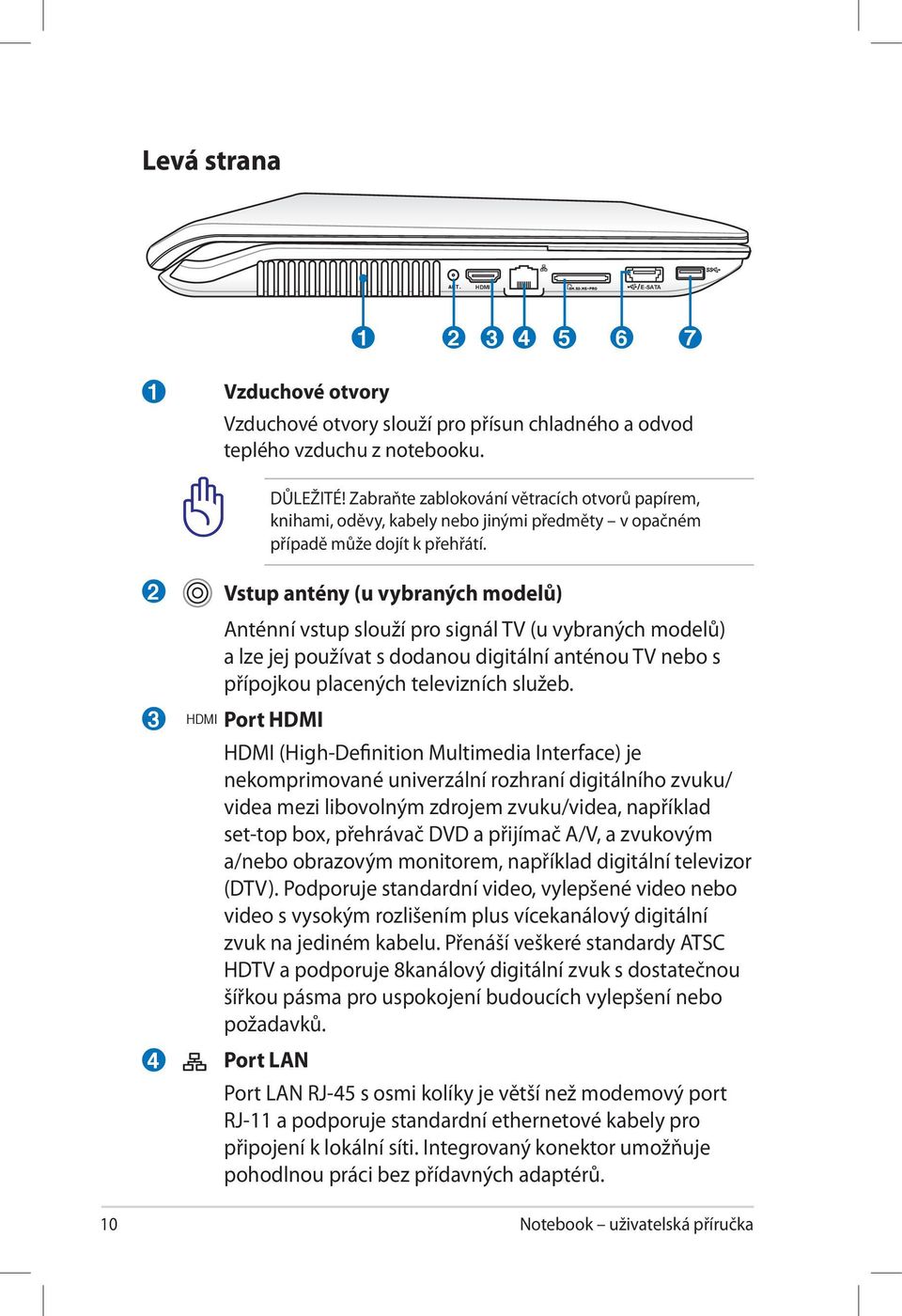 2 3 4 Vstup antény (u vybraných modelů) Anténní vstup slouží pro signál TV (u vybraných modelů) a lze jej používat s dodanou digitální anténou TV nebo s přípojkou placených televizních služeb.