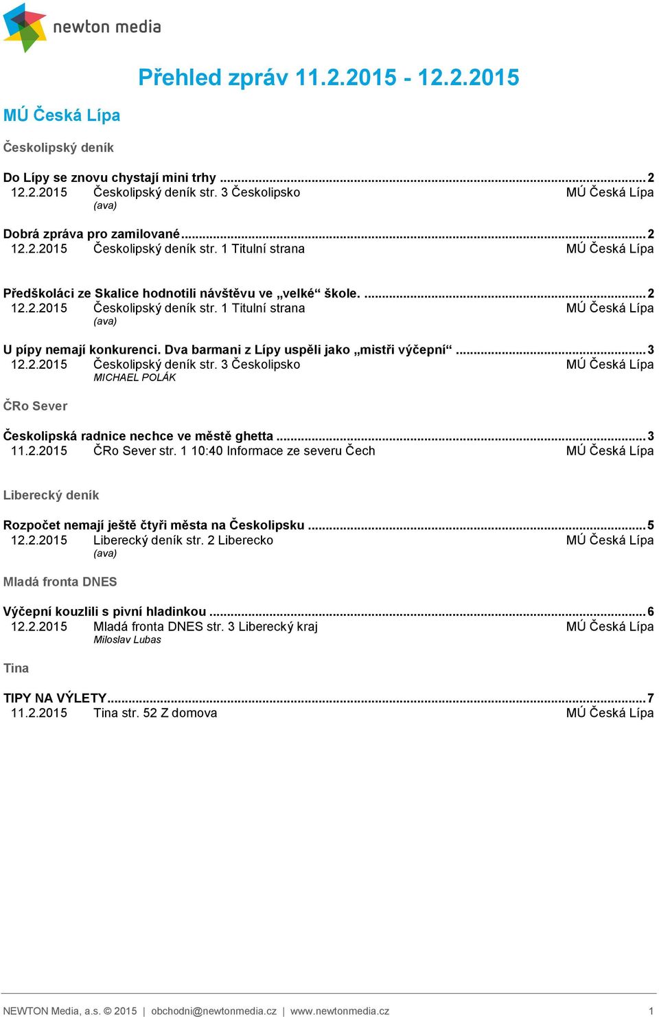 .. 3 11.2.2015 ČRo Sever str. 1 10:40 Informace ze severu Čech Liberecký deník Rozpočet nemají ještě čtyři města na Českolipsku... 5 12.2.2015 Liberecký deník str.