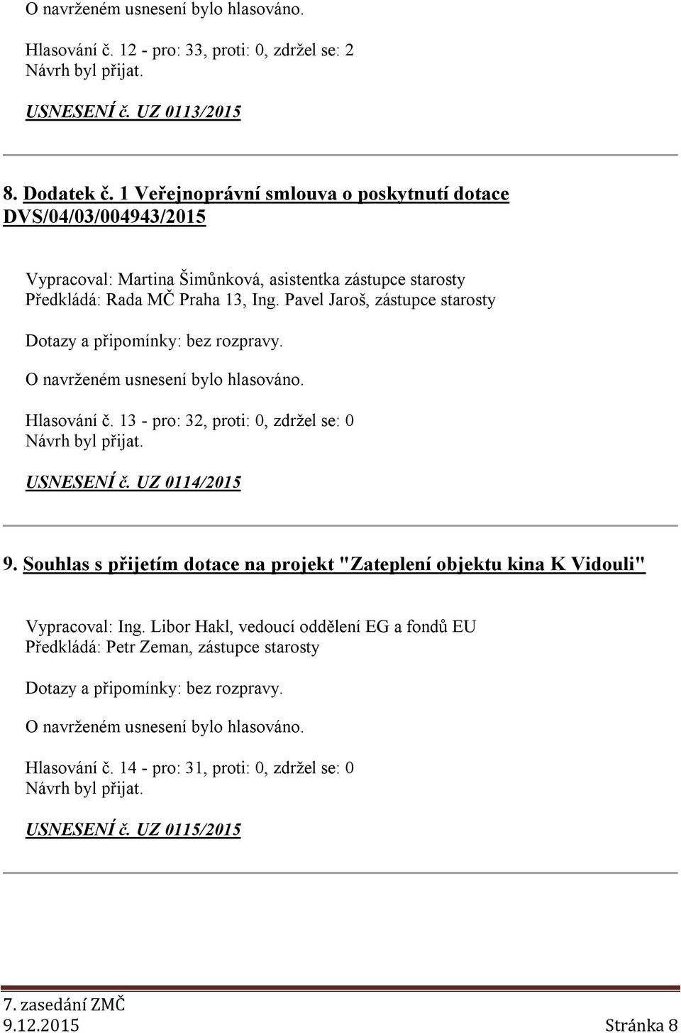 Ing. Pavel Jaroš, zástupce starosty Hlasování č. 13 - pro: 32, proti: 0, zdržel se: 0 USNESENÍ č. UZ 0114/2015 9.