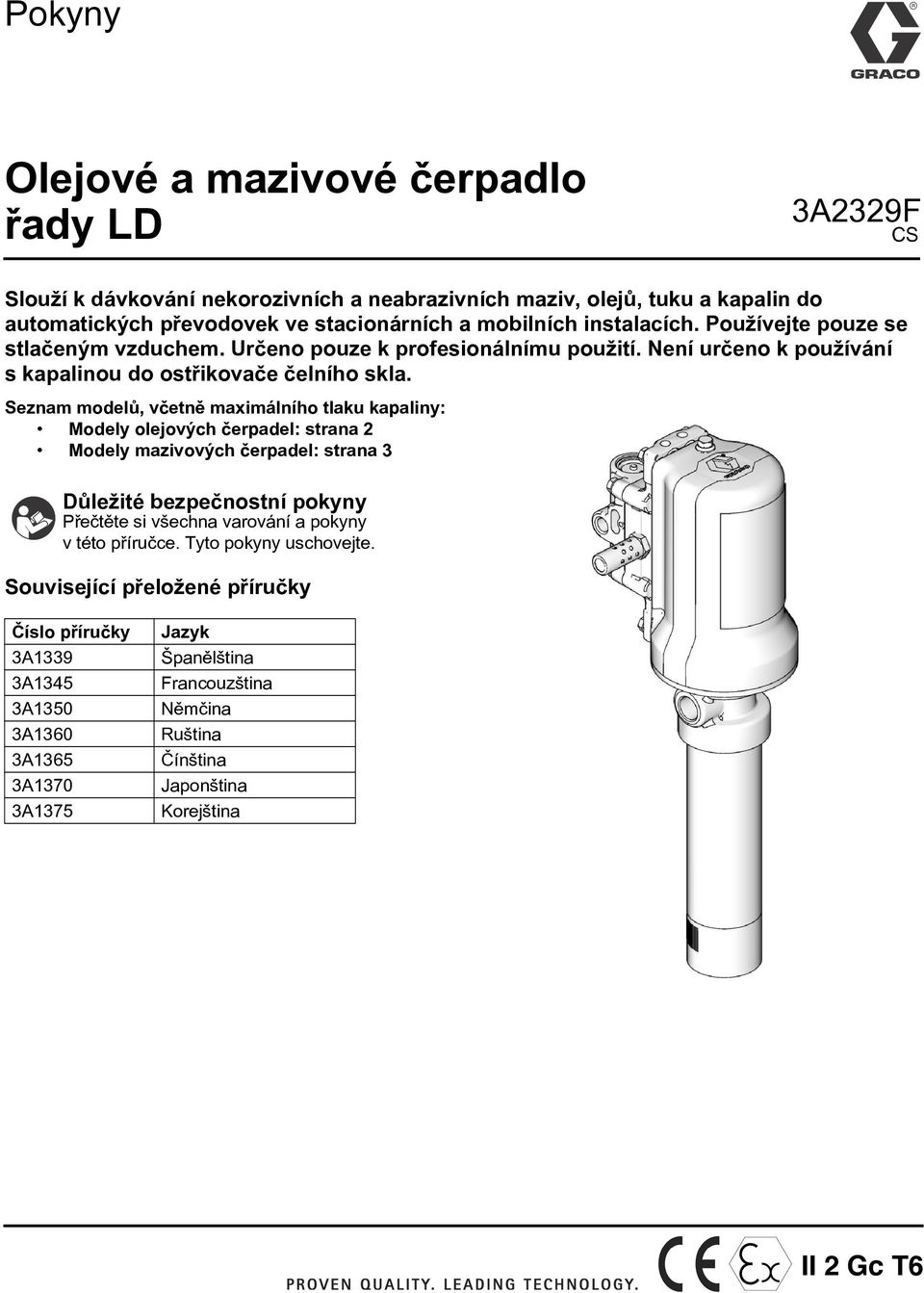 Seznam modelù, vèetnì maximálního tlaku kapaliny: Modely olejových èerpadel: strana 2 Modely mazivových èerpadel: strana 3 Dùležité bezpeènostní pokyny Pøeètìte si všechna varování a