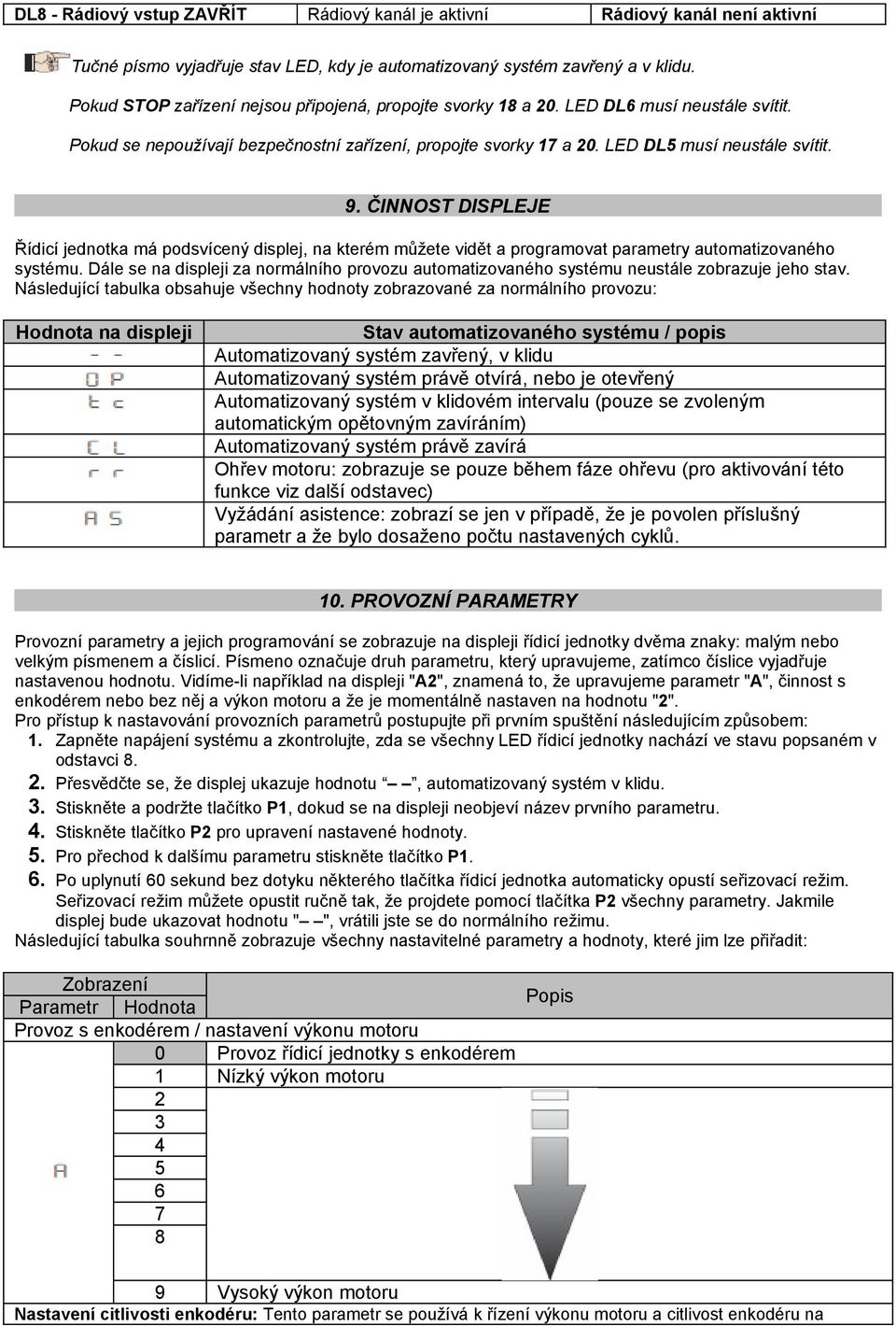 ČINNOST DISPLEJE Řídicí jednotka má podsvícený displej, na kterém můžete vidět a programovat parametry automatizovaného systému.