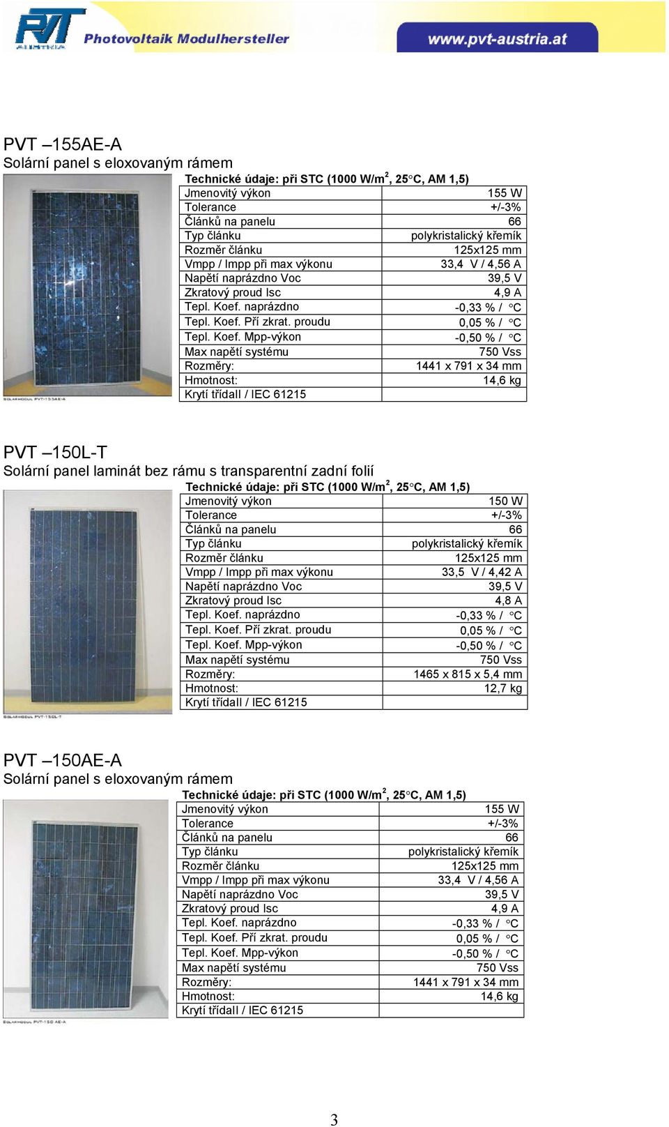 Článků na panelu 66 33,5 V / 4,42 A 39,5 V 4,8 A 1465 x 815 x 5,4 mm 12,7 kg PVT