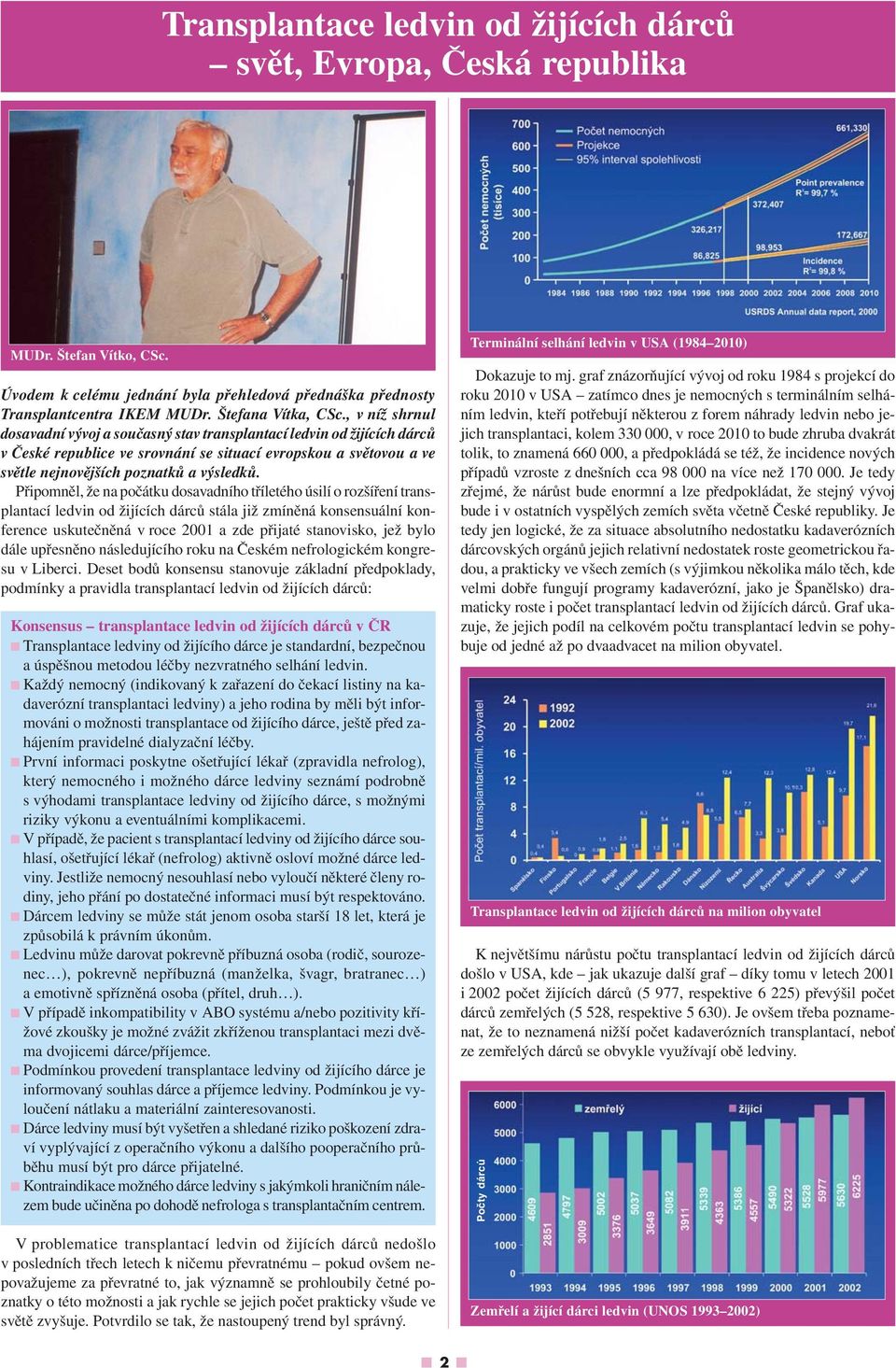 , v níž shrnul dosavadní vývoj a současný stav transplantací ledvin od žijících dárců v České republice ve srovnání se situací evropskou a světovou a ve světle nejnovějších poznatků a výsledků.