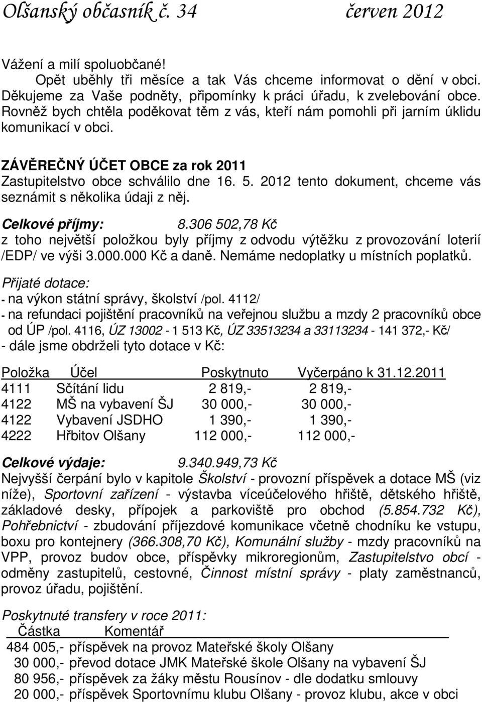 2012 tento dokument, chceme vás seznámit s několika údaji z něj. Celkové příjmy: 8.306 502,78 Kč z toho největší položkou byly příjmy z odvodu výtěžku z provozování loterií /EDP/ ve výši 3.000.