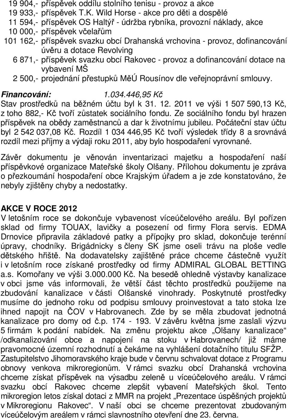 dofinancování úvěru a dotace Revolving 6 871,- příspěvek svazku obcí Rakovec - provoz a dofinancování dotace na vybavení MŠ 2 500,- projednání přestupků MěÚ Rousínov dle veřejnoprávní smlouvy.