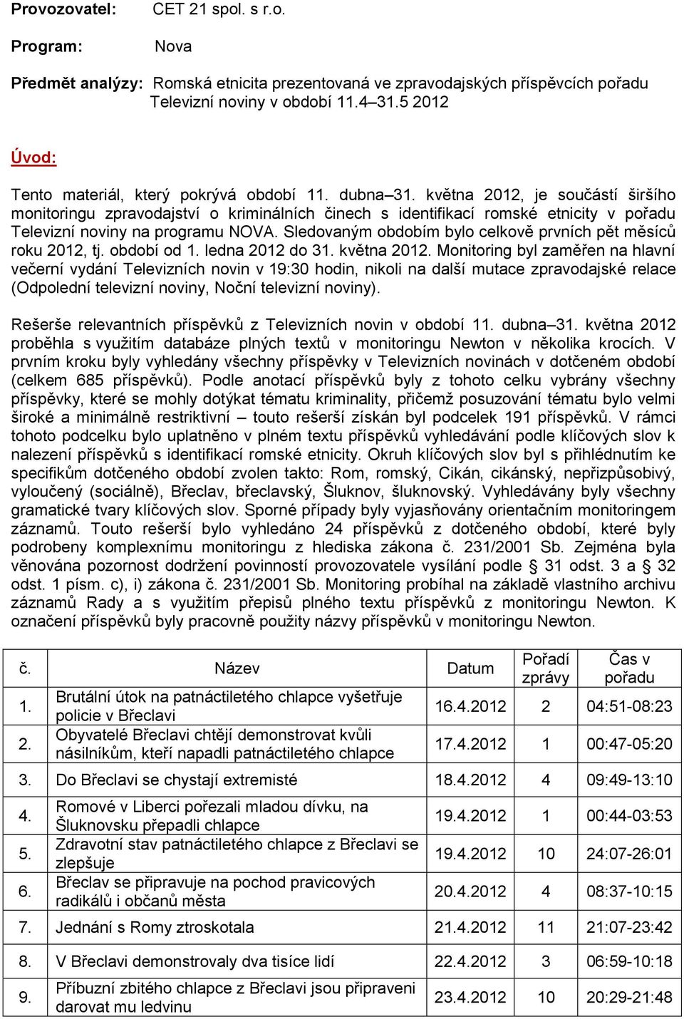 května, je součástí širšího monitoringu zpravodajství o kriminálních činech s identifikací romské etnicity v pořadu Televizní noviny na programu NOVA.