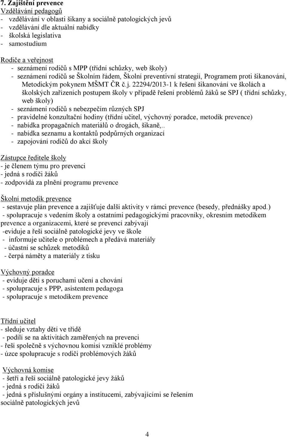 22294/2013-1 k řešení šikanování ve školách a školských zařízeních postupem školy v případě řešení problémů žáků se SPJ ( třídní schůzky, web školy) - seznámení rodičů s nebezpečím různých SPJ -