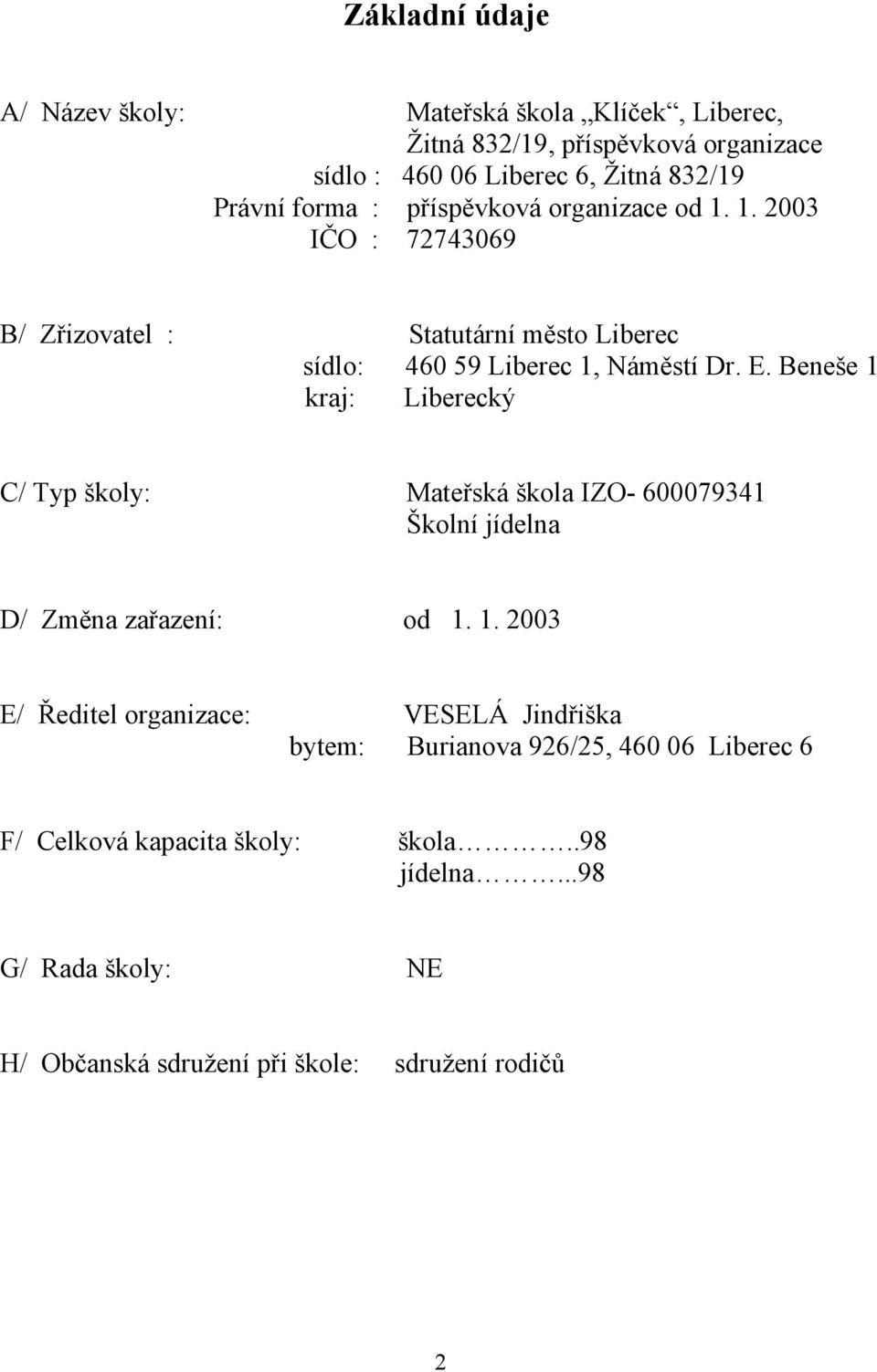 Beneše 1 kraj: Liberecký C/ Typ školy: Mateřská škola IZO- 600079341 Školní jídelna D/ Změna zařazení: od 1. 1. 2003 E/ Ředitel organizace: VESELÁ Jindřiška bytem: Burianova 926/25, 460 06 Liberec 6 F/ Celková kapacita školy: škola.