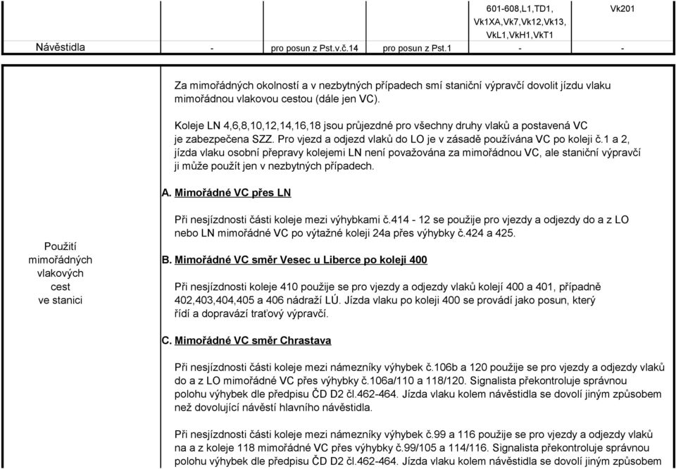 Koleje LN 4,6,8,10,12,14,16,18 jsou průjezdné pro všechny druhy vlaků a postavená VC je zabezpečena SZZ. Pro vjezd a odjezd vlaků do LO je v zásadě používána VC po koleji č.