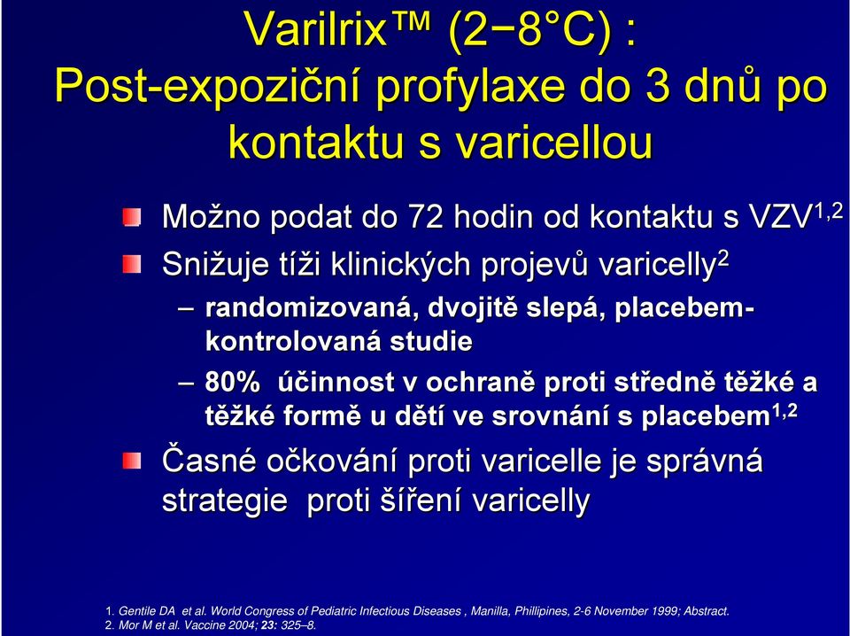 středn edně těžké a těžké formě u dětíd ve srovnání s placebem 1,2 Časné očkování proti varicelle je správn vná strategie proti šířen ení varicelly