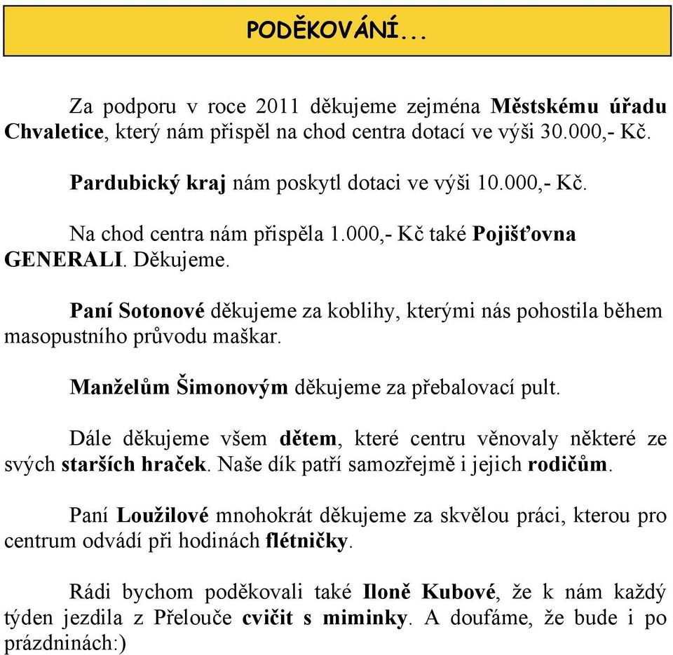 Manželům Šimonovým děkujeme za přebalovací pult. Dále děkujeme všem dětem, které centru věnovaly některé ze svých starších hraček. Naše dík patří samozřejmě i jejich rodičům.