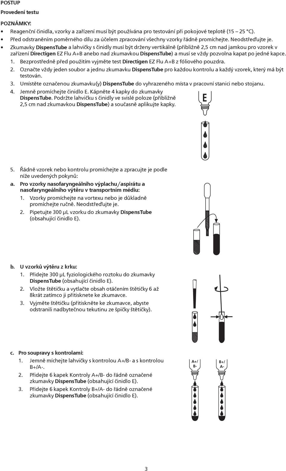 Zkumavky DispensTube a lahvičky s činidly musí být drženy vertikálně (přibližně 2,5 cm nad jamkou pro vzorek v zařízení Directigen EZ Flu A+ anebo nad zkumavkou DispensTube) a musí se vždy pozvolna