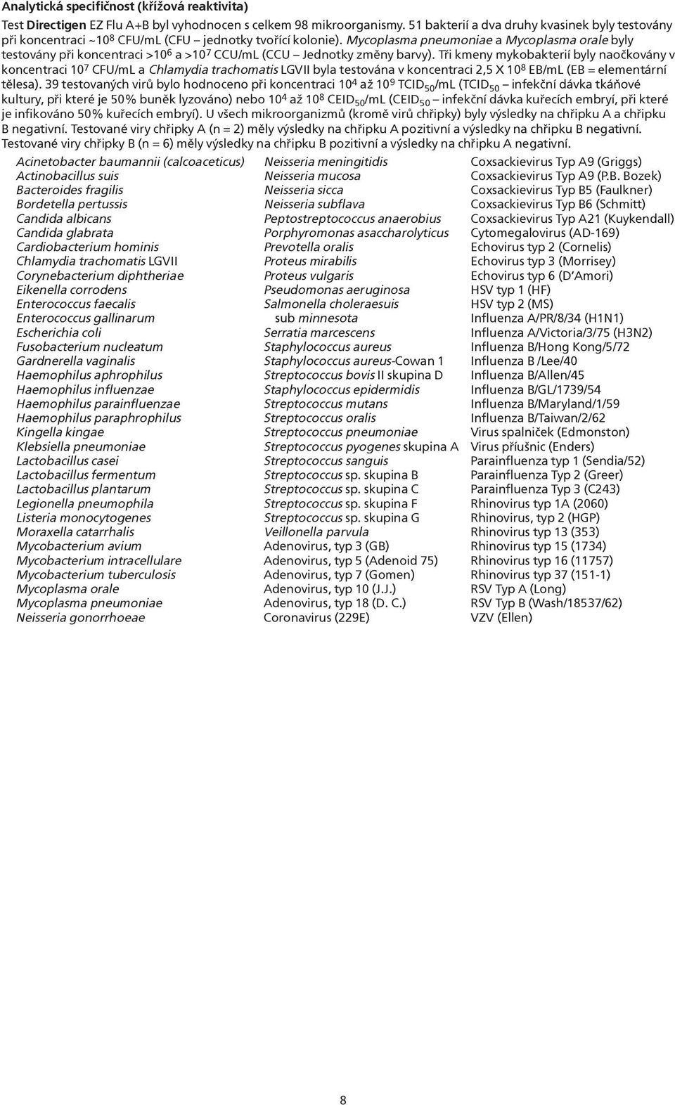 Mycoplasma pneumoniae a Mycoplasma orale byly testovány při koncentraci >10 6 a >10 7 CCU/mL (CCU Jednotky změny barvy).