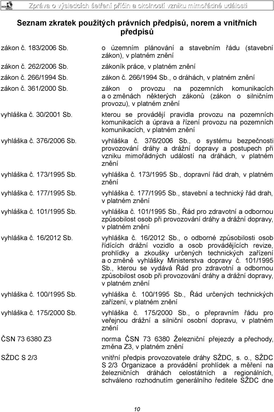 ČSN 73 6380 Z3 SŽDC S 2/3 o územním plánování a stavebním řádu (stavební zákon), v platném znění zákoník práce, v platném znění zákon č. 266/1994 Sb.