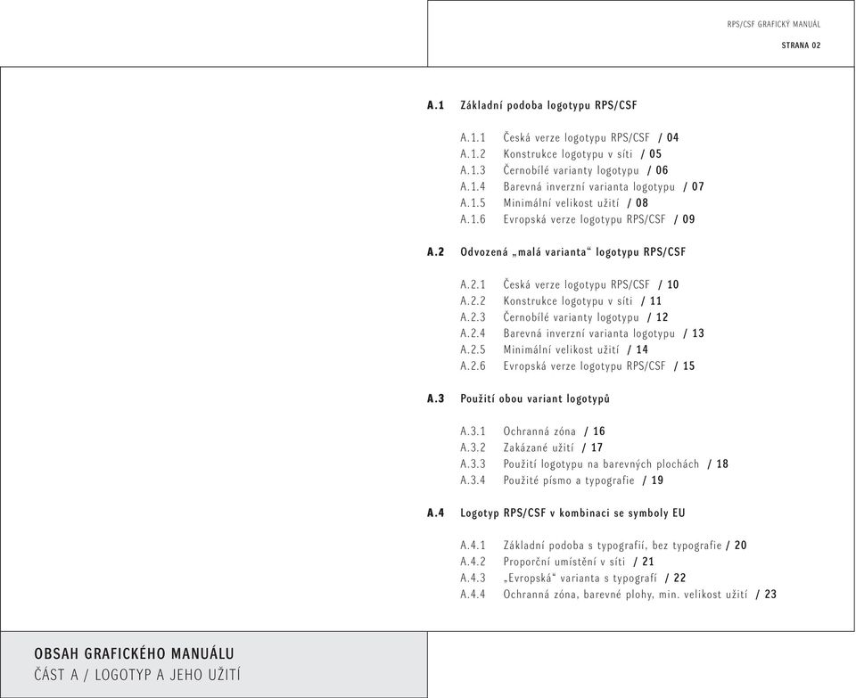 2.3 âernobílé varianty logotypu / 12 A.2.4 Barevná inverzní varianta logotypu / 13 A.2.5 Minimální velikost uïití / 14 A.2.6 Evropská verze logotypu RPS/CSF / 15 A.3 PouÏití obou variant logotypû A.3.1 Ochranná zóna / 16 A.