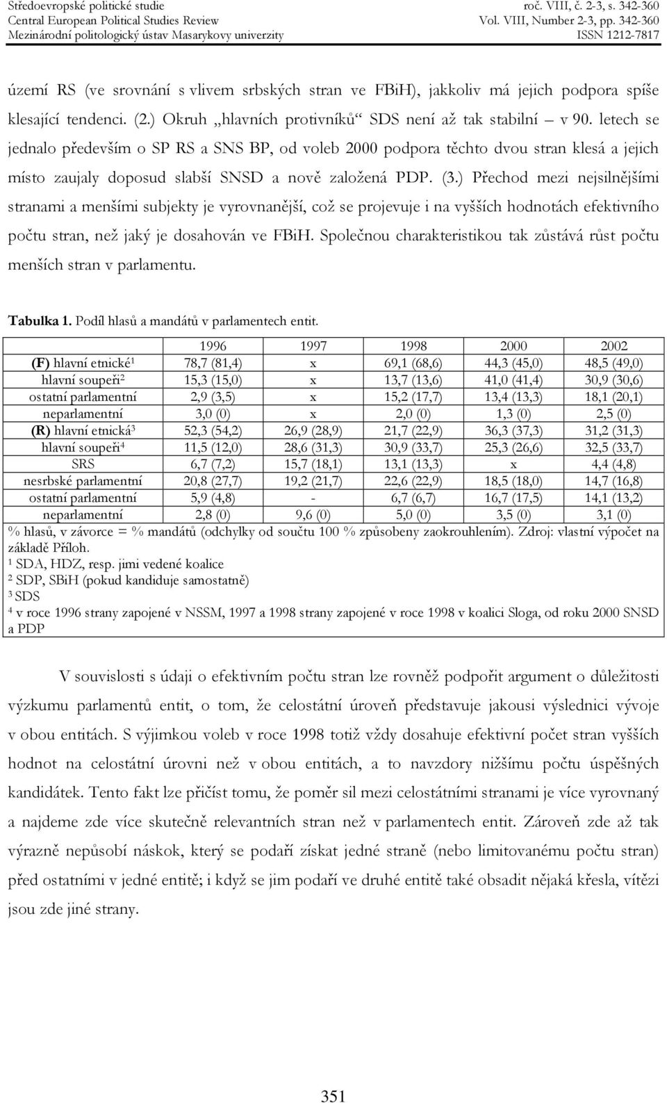 ) Přechod mezi nejsilnějšími stranami a menšími subjekty je vyrovnanější, což se projevuje i na vyšších hodnotách efektivního počtu stran, než jaký je dosahován ve FBiH.