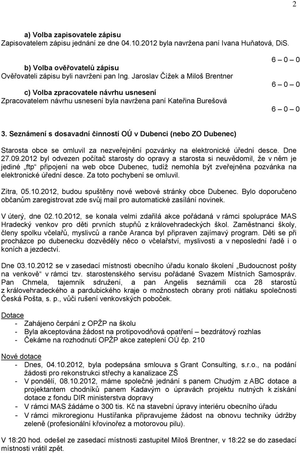 Seznámení s dosavadní činností OÚ v Dubenci (nebo ZO Dubenec) Starosta obce se omluvil za nezveřejnění pozvánky na elektronické úřední desce. Dne 27.09.