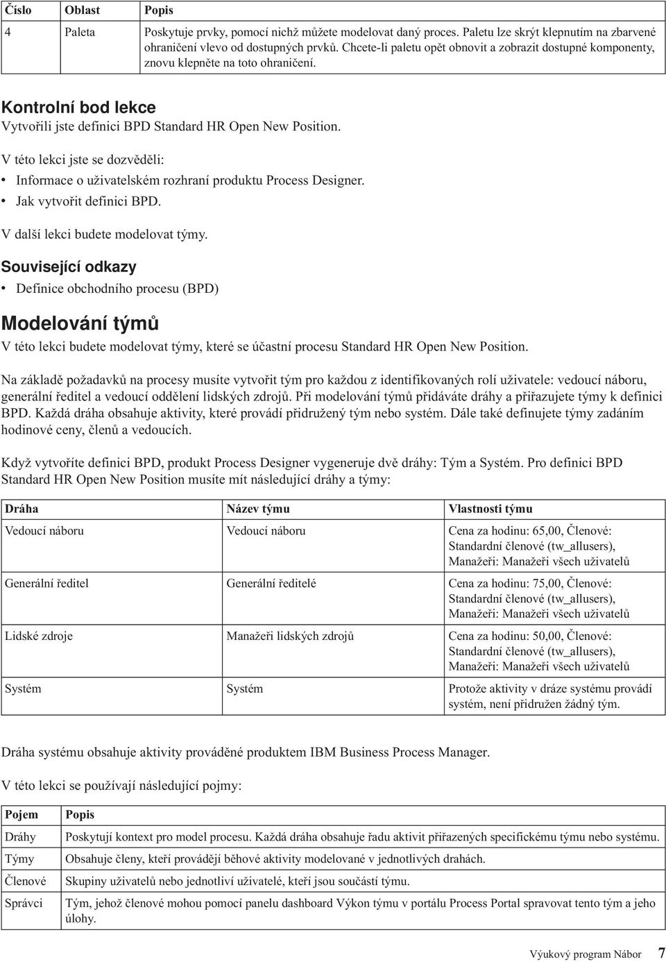 V této lekci jste se dozvěděli: v Informace o uživatelském rozhraní produktu Process Designer. v Jak vytvořit definici BPD. V další lekci budete modelovat týmy.