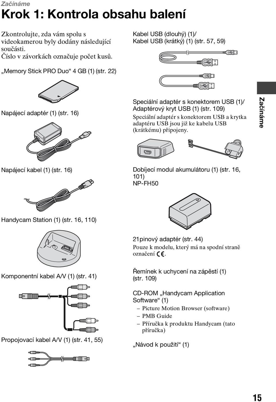 16) Speciální adaptér s konektorem USB (1)/ Adaptérový kryt USB (1) (str. 109) Speciální adaptér s konektorem USB a krytka adaptéru USB jsou již ke kabelu USB (krátkému) připojeny.