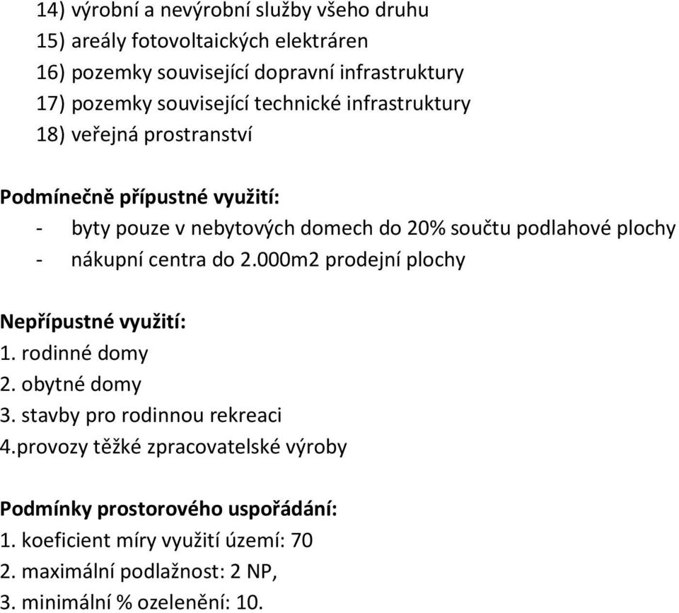 plochy - nákupní centra do 2.000m2 prodejní plochy Nepřípustné využití: 1. rodinné domy 2. obytné domy 3. stavby pro rodinnou rekreaci 4.