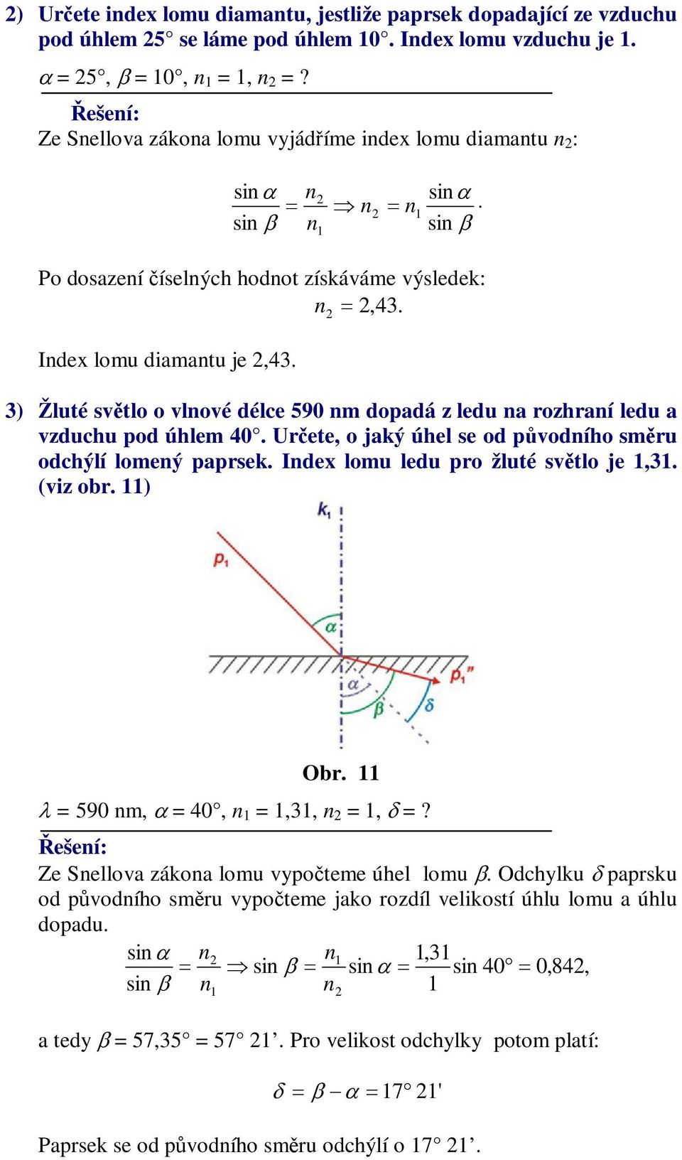 3) Žluté svtlo o vlové délce 590 dopadá z ledu a rozhraí ledu a vzduchu pod úhle 40. Urete, o jaký úhel se od pvodího sru odchýlí loeý paprsek. Idex lou ledu pro žluté svtlo je,3.