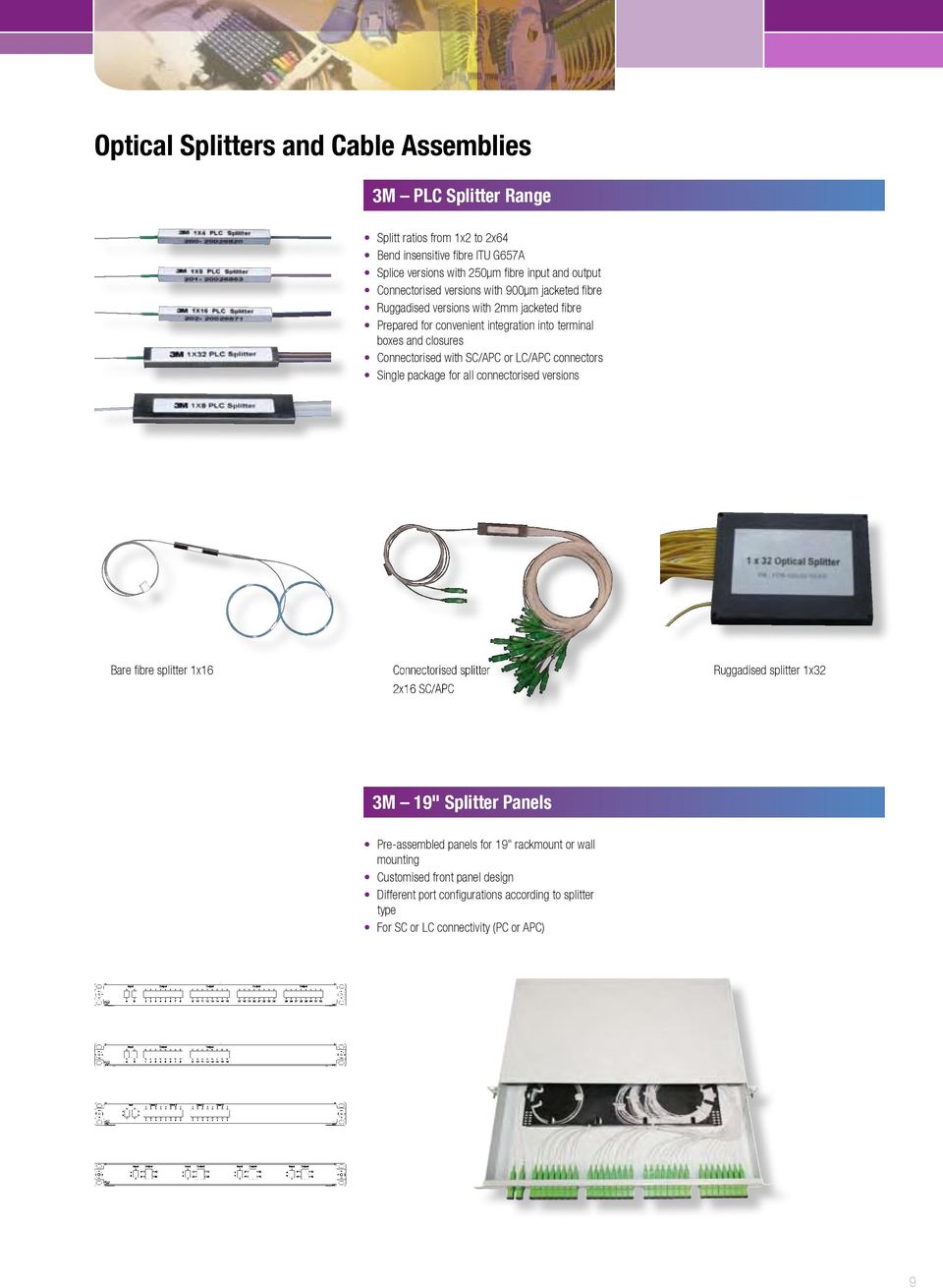 with SC/APC or LC/APC connectors Single package for all connectorised versions Bare fibre splitter 1x16 Connectorised splitter 2x16 SC/APC Ruggadised splitter 1x32 3M 19" Splitter