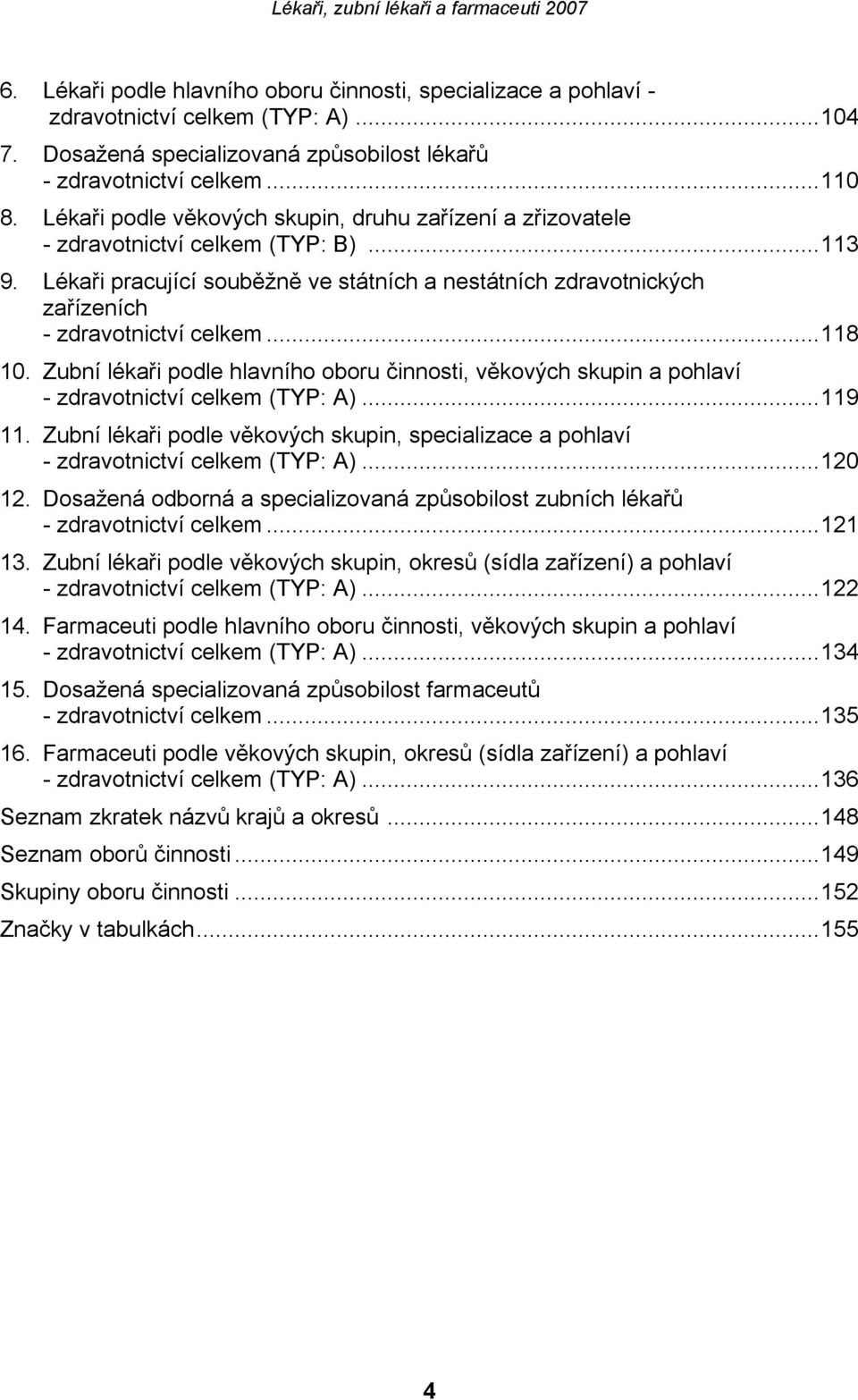 ..118 10. Zubní lékaři podle hlavního oboru činnosti, věkových skupin a pohlaví - zdravotnictví celkem ()...119 11.