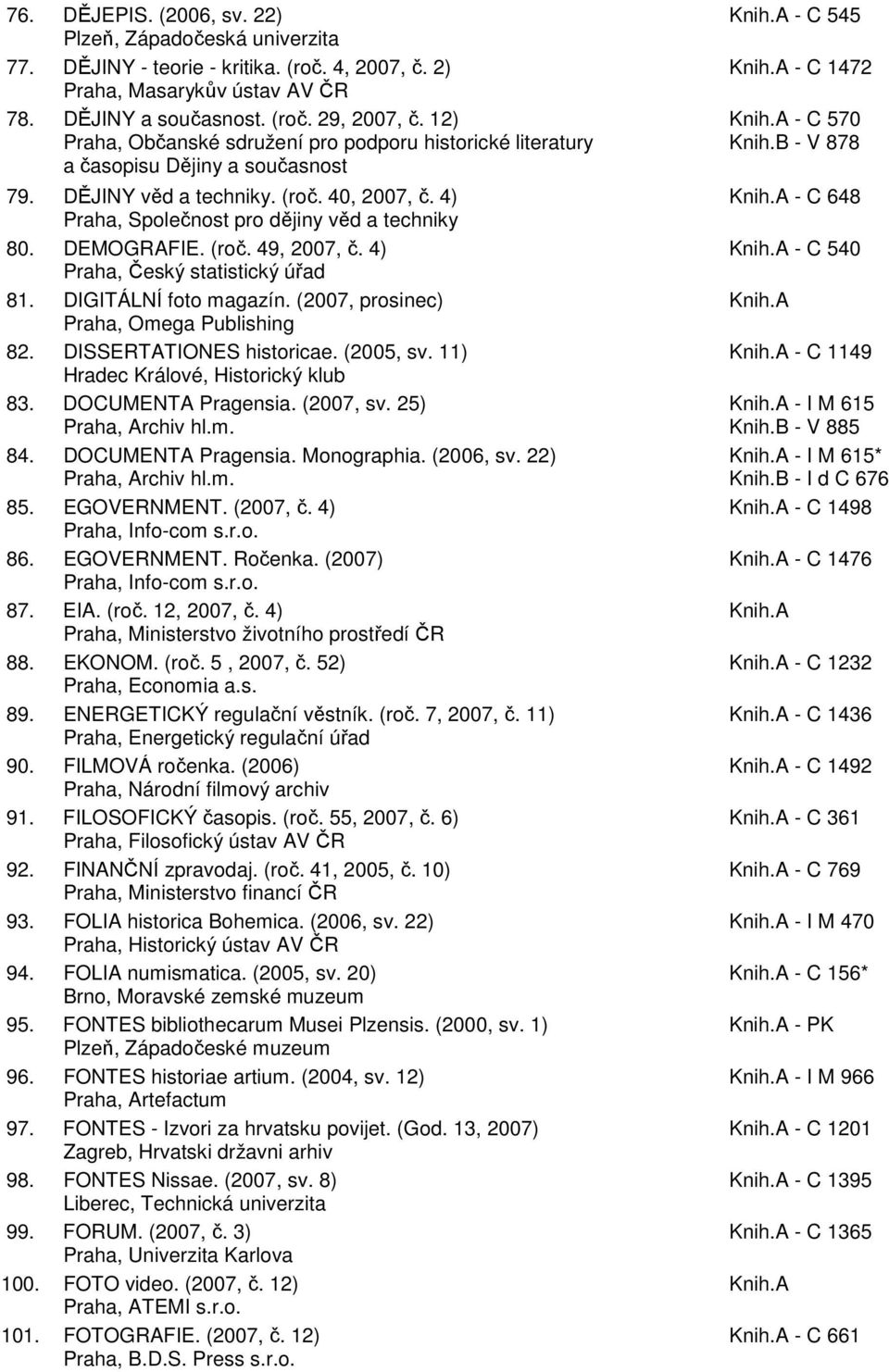 DEMOGRAFIE. (roč. 49, 2007, č. 4) Praha, Český statistický úřad 81. DIGITÁLNÍ foto magazín. (2007, prosinec) Praha, Omega Publishing 82. DISSERTATIONES historicae. (2005, sv.