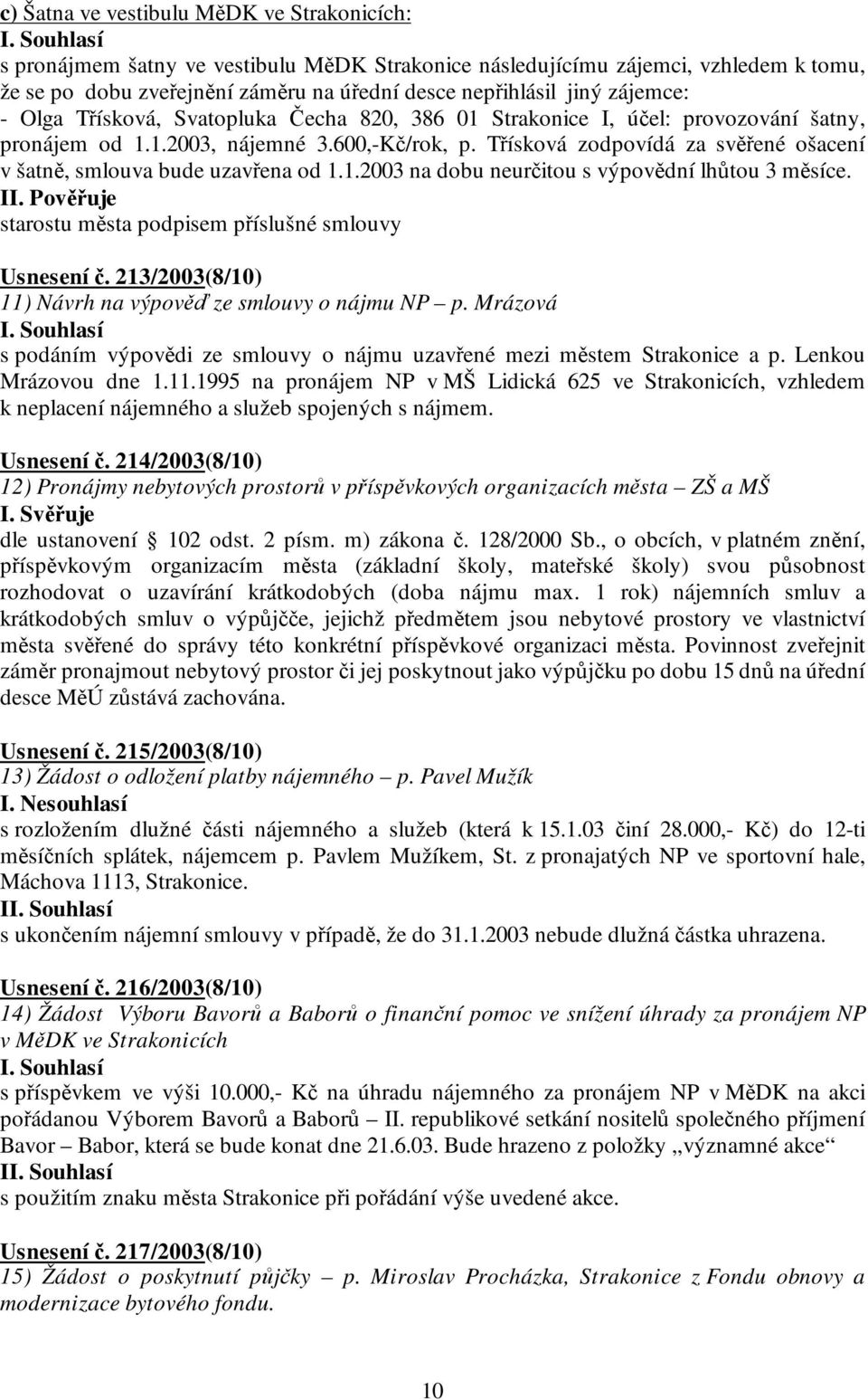 Třísková zodpovídá za svěřené ošacení v šatně, smlouva bude uzavřena od 1.1.2003 na dobu neurčitou s výpovědní lhůtou 3 měsíce. starostu města podpisem příslušné smlouvy Usnesení č.