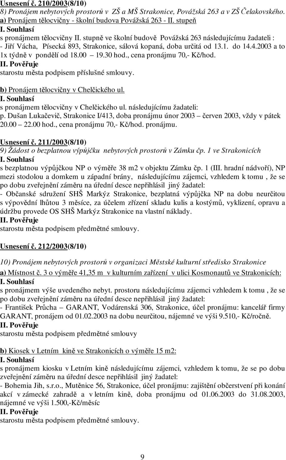 4.2003 a to 1x týdně v pondělí od 18.00 19.30 hod., cena pronájmu 70,- Kč/hod. starostu města podpisem příslušné smlouvy. b) Pronájem tělocvičny v Chelčického ul.