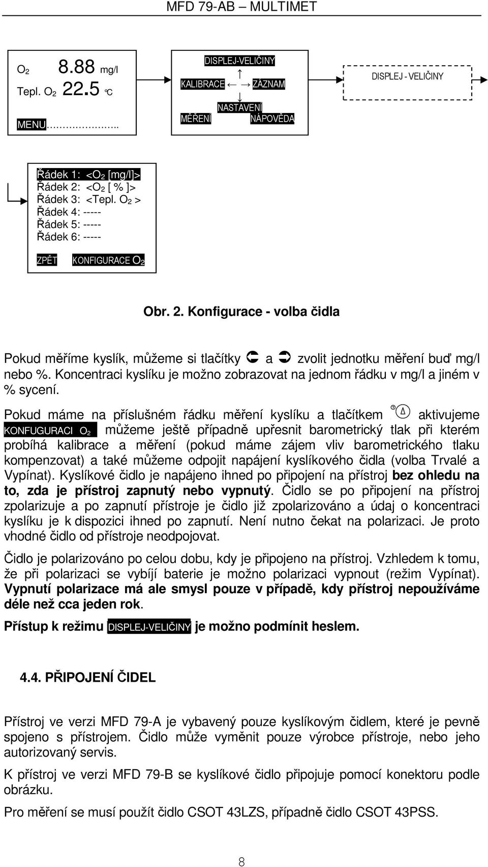 Koncentraci kyslíku je možno zobrazovat na jednom řádku v mg/l a jiném v % sycení.