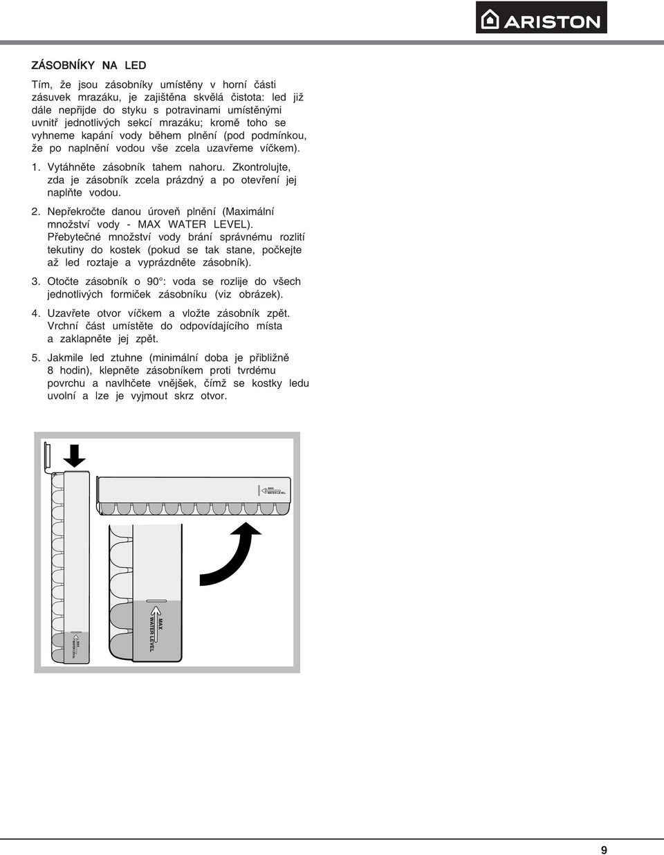 Zkontrolujte, zda je zásobník zcela prázdný a po otevření jej naplňte vodou. 2. Nepřekročte danou úroveň plnění (Maximální množství vody - MAX WATER LEVEL).