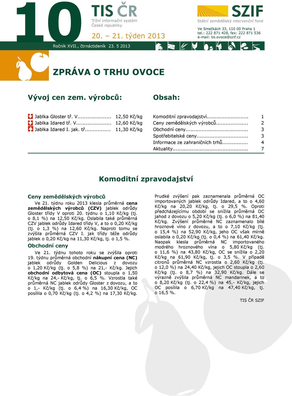 .. Spotřebitelské ceny... Informace ze zahraničních trhů... Aktuality... 1 2 3 3 4 7 Komoditní zpravodajství Ceny zemědělských výrobců Ve 21.