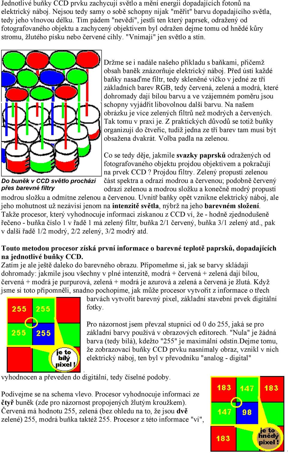 "Vnímají" jen světlo a stín. Do buněk v CCD světlo prochází přes barevné filtry Držme se i nadále našeho příkladu s baňkami, přičemž obsah baněk znázorňuje elektrický náboj.