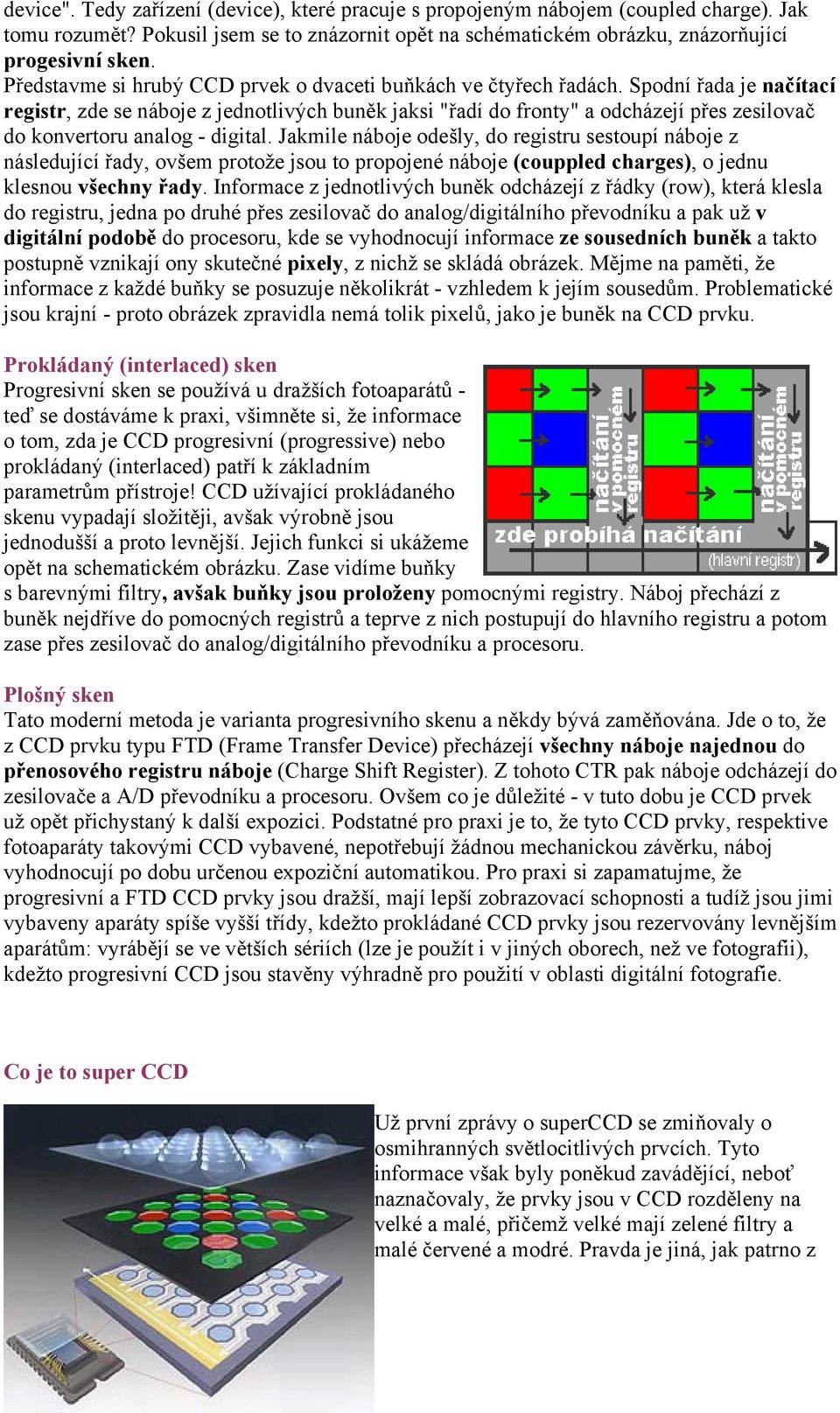 Spodní řada je načítací registr, zde se náboje z jednotlivých buněk jaksi "řadí do fronty" a odcházejí přes zesilovač do konvertoru analog - digital.