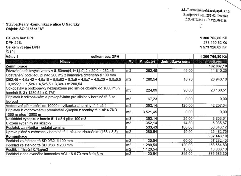 50mm(4, 1 ±14,0):2 x 29,0 = 262,45 m2 262,45 45,00 11 810,25 Odstranění podkladu p1 nad 200 m2 z kameniva drceného ti 100 mm (262,45 ± 4,5x 42 ± 4,9x10 ± 5,5x82 + 8,3x9 ± 4,5x7 ± 4,5x20 + 5,5x0,5 m2