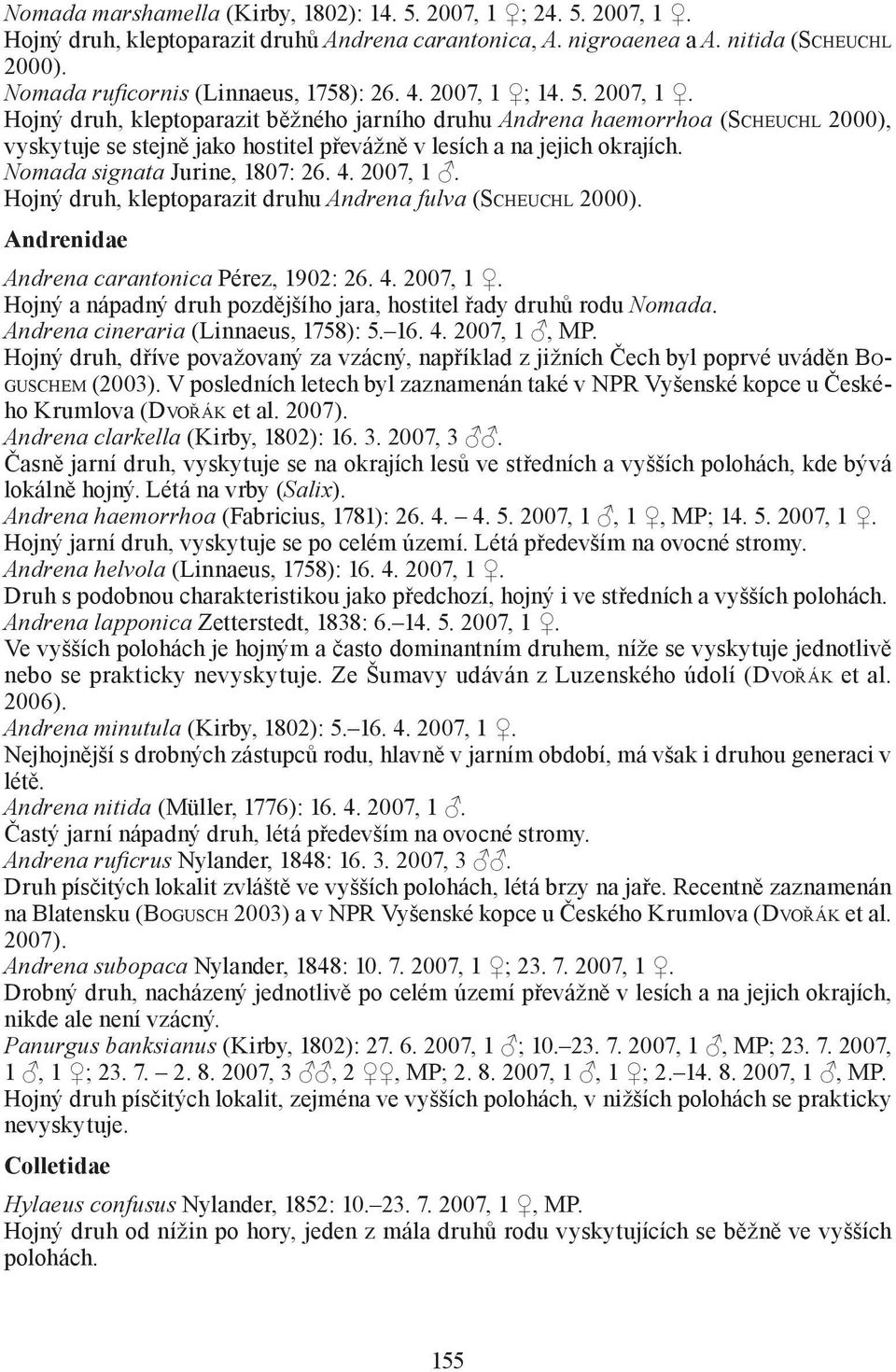 ; 14. 5. 2007, 1. Hojný druh, kleptoparazit běžného jarního druhu Andrena haemorrhoa (SCHEUCHL 2000), vyskytuje se stejně jako hostitel převážně v lesích a na jejich okrajích.