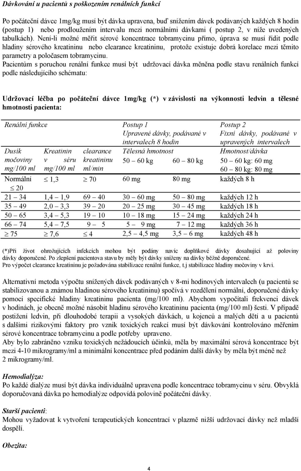 Není-li možné měřit sérové koncentrace tobramycinu přímo, úprava se musí řídit podle hladiny sérového kreatininu nebo clearance kreatininu, protože existuje dobrá korelace mezi těmito parametry a
