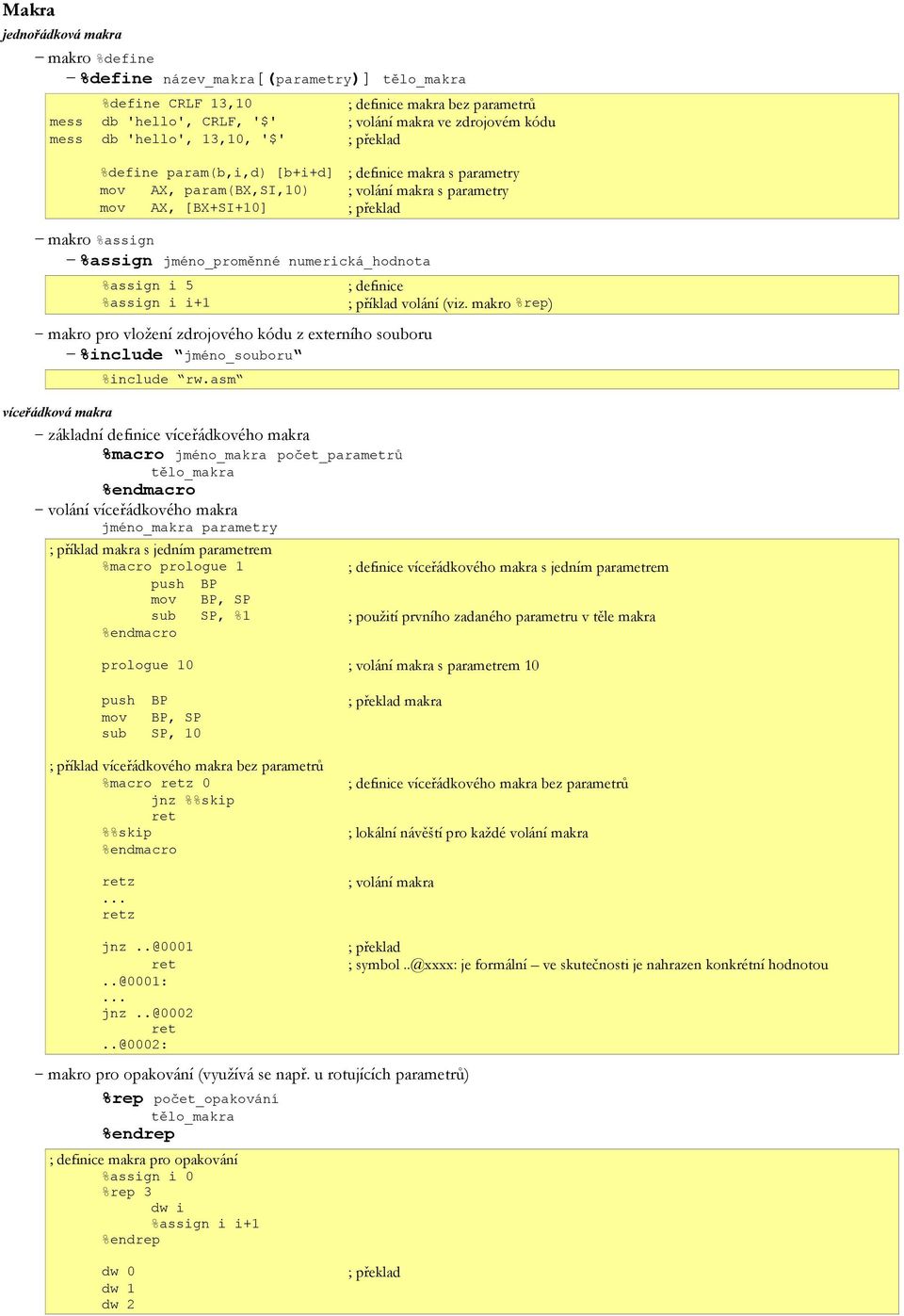 jméno_proměnné numerická_hodnota %assign i 5 %assign i i+1 makro pro vložení zdrojového kódu z externího souboru %include jméno_souboru %include rw.