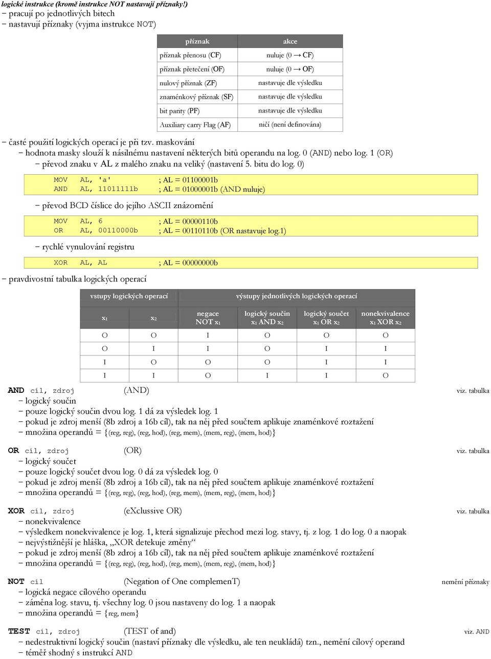 carry Flag (AF) akce nuluje (0 CF) nuluje (0 OF) nastavuje dle výsledku nastavuje dle výsledku nastavuje dle výsledku ničí (není definována) časté použití logických operací je při tzv.