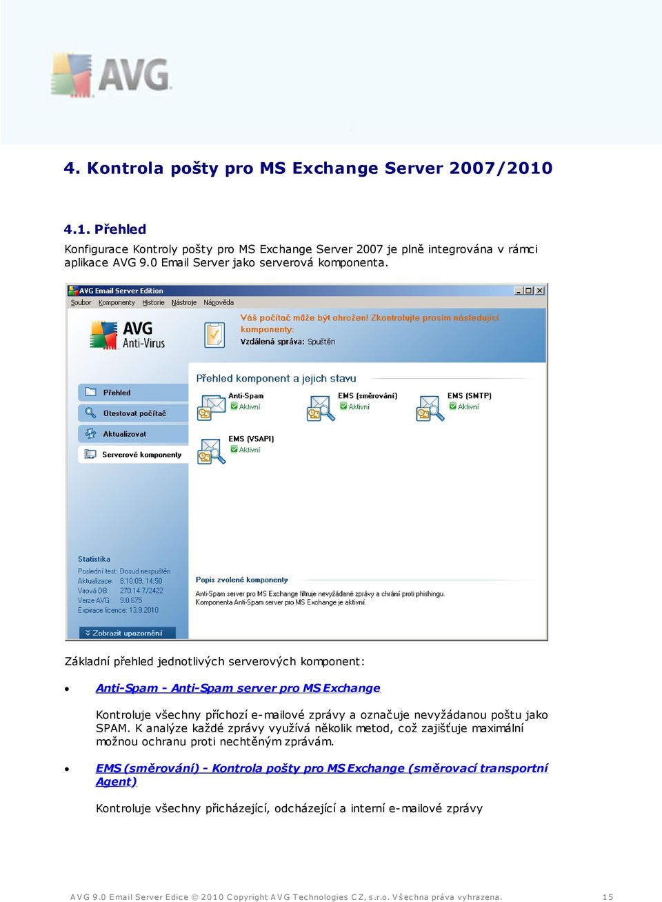 Základní přehled jednotlivých serverových komponent: Anti-Spam - Anti-Spam server pro MS Exchange Kontroluje všechny příchozí e-mailové zprávy a označuje