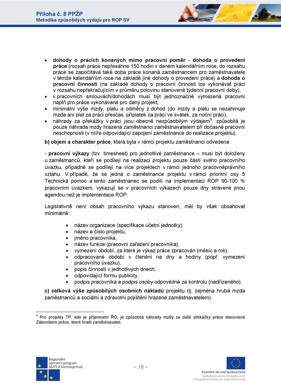 nepřekračujícím v průměru polovinu stanovené týdenní pracovní doby), v pracovních smlouvách/dohodách musí být jednoznačně vymezená pracovní náplň pro práce vykonávané pro daný projekt, minimální výše