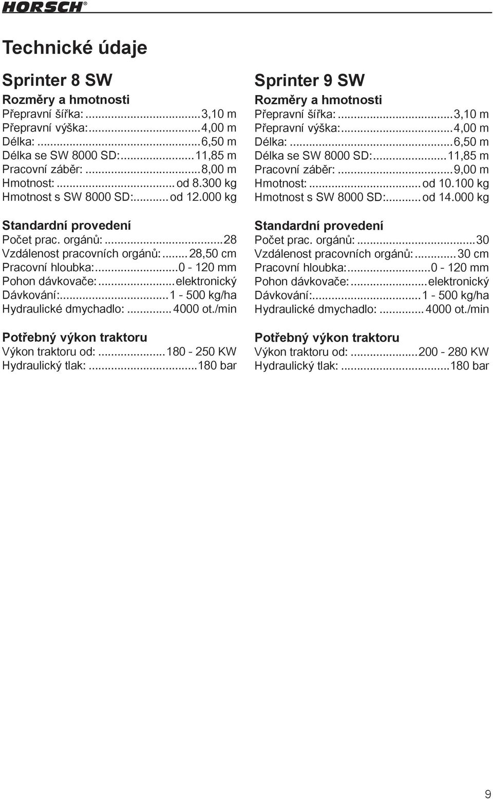 ..elektronický Dávkování:...1-500 kg/ha Hydraulické dmychadlo:... 4000 ot./min Potřebný výkon traktoru Výkon traktoru od:...180-250 KW Hydraulický tlak:.