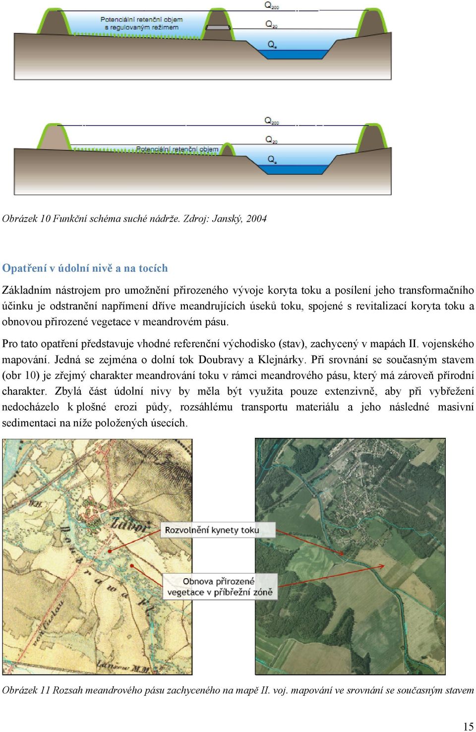 meandrujících úseků toku, spojené s revitalizací koryta toku a obnovou přirozené vegetace v meandrovém pásu. Pro tato opatření představuje vhodné referenční východisko (stav), zachycený v mapách II.