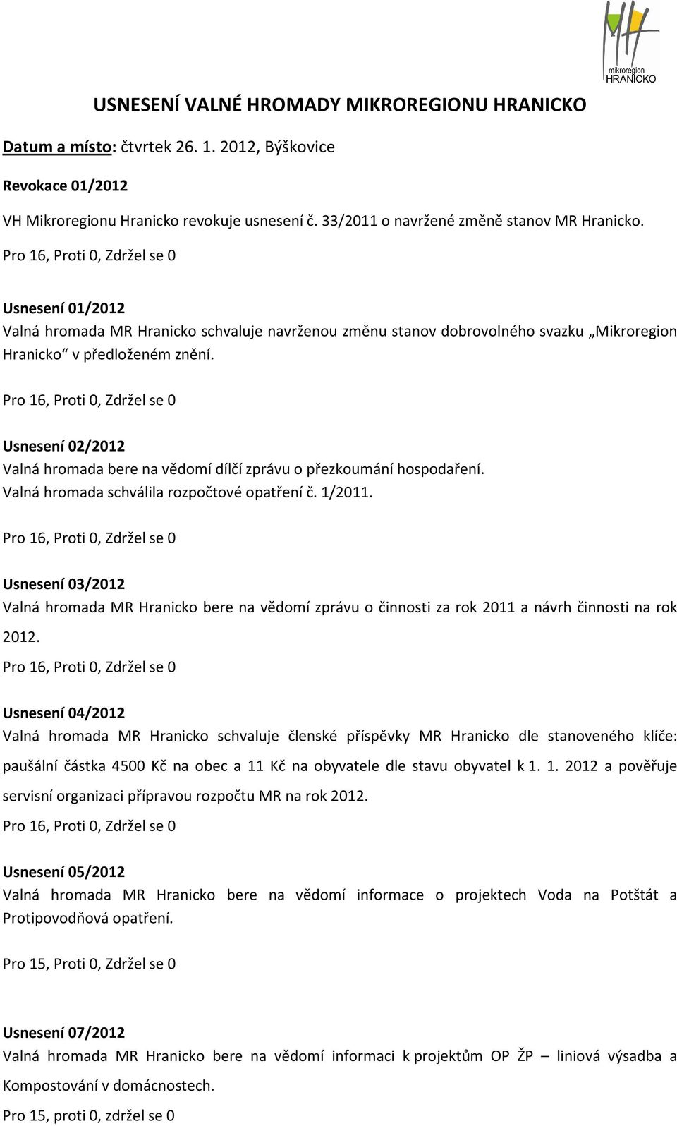 Usnesení 02/2012 Valná hromada bere na vědomí dílčí zprávu o přezkoumání hospodaření. Valná hromada schválila rozpočtové opatření č. 1/2011.