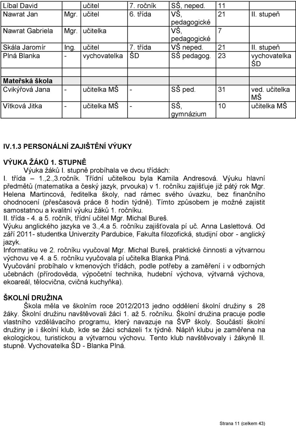 učitelka MŠ Vítková Jitka - učitelka MŠ - SŠ, gymnázium 10 učitelka MŠ IV.1.3 PERSONÁLNÍ ZAJIŠTĚNÍ VÝUKY VÝUKA ŽÁKŮ 1. STUPNĚ Výuka žáků I. stupně probíhala ve dvou třídách: I. třída 1.,2.,3.ročník.