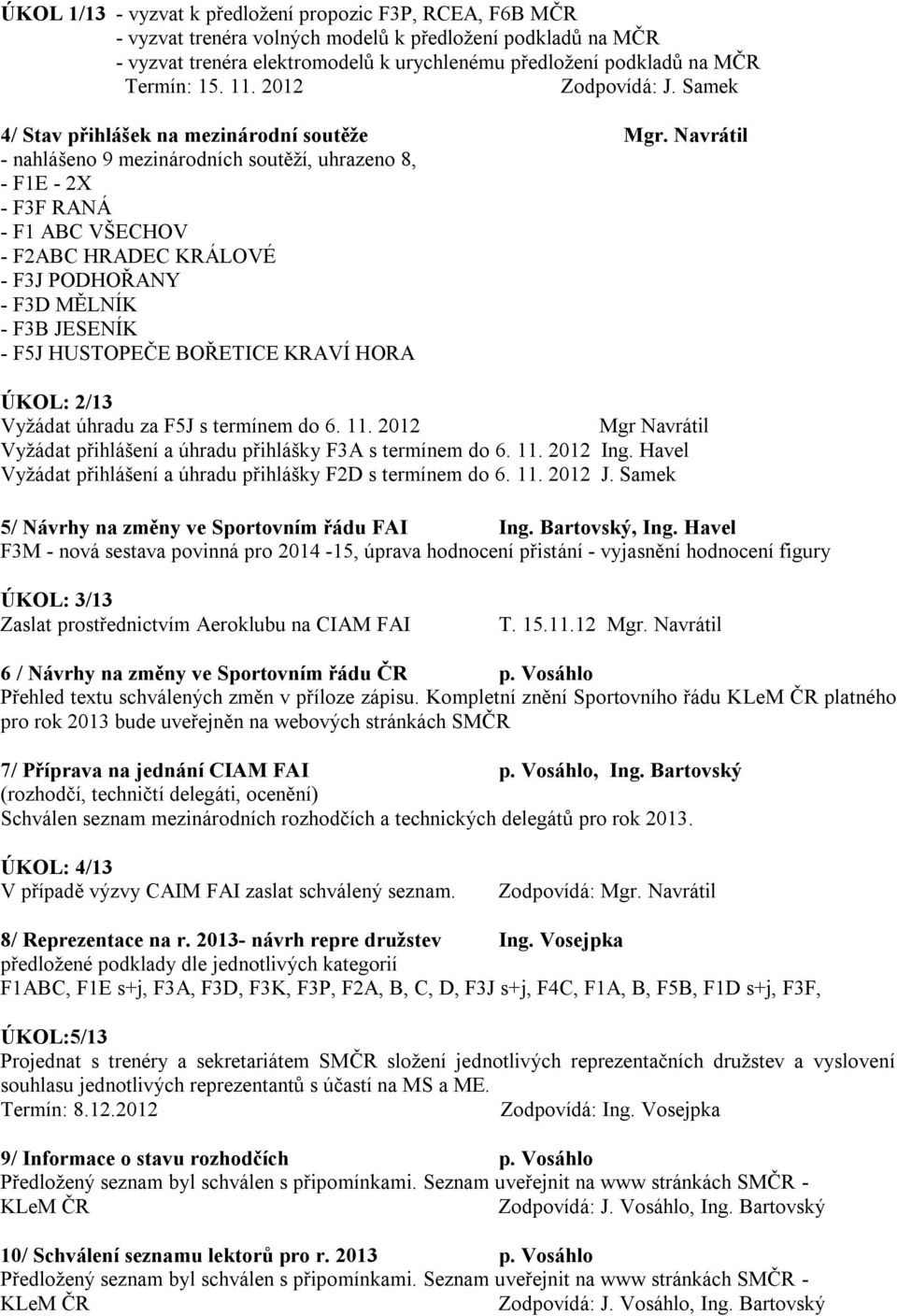 Navrátil - nahlášeno 9 mezinárodních soutěží, uhrazeno 8, - F1E - 2X - F3F RANÁ - F1 ABC VŠECHOV - F2ABC HRADEC KRÁLOVÉ - F3J PODHOŘANY - F3D MĚLNÍK - F3B JESENÍK - F5J HUSTOPEČE BOŘETICE KRAVÍ HORA