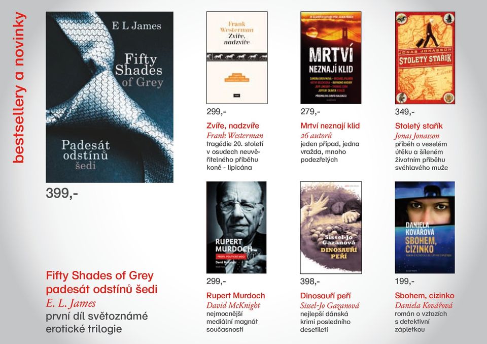 Jonas Jonasson příběh o veselém útěku a šíleném životním příběhu svéhlavého muže 399,- Fifty Shades of Grey padesát odstínů šedi E. L.