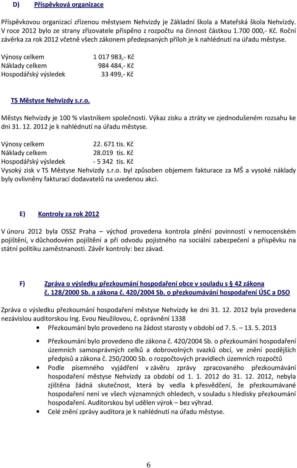 Výnosy celkem Náklady celkem Hospodářský výsledek 1017983,- Kč 984484,- Kč 33499,- Kč TS Městyse Nehvizdy s.r.o. Městys Nehvizdy je 100 % vlastníkem společnosti.